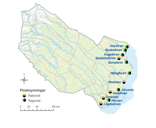 Karta över nationella och regionala provtagningsplatser för flodmynningar.