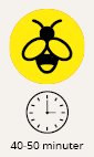 En gul cirkel med en humla. En klocka som visar 40-50 minuter.