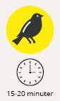 En gul cirkel med en fågel. En klocka som visar 15-20 minuter.