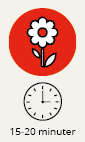 En röd cirkel med en blomma. En klocka som visar 15-20 minuter.