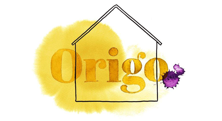 Skiss av ett hus och texten "Origo". Färger i gult och lila.