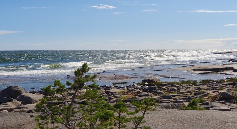 En kustlandskap med sten och vågor i vattnet.