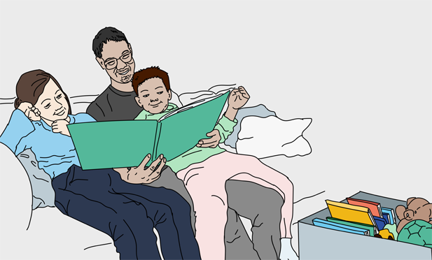 Illustration av en man som sitter i en soffa och läser för två barn.