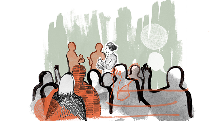 Illustration siluetter av människor som sitter i en publik med tre personer som står framför och talar. Bilden ska symbolisera medborgardialog. 