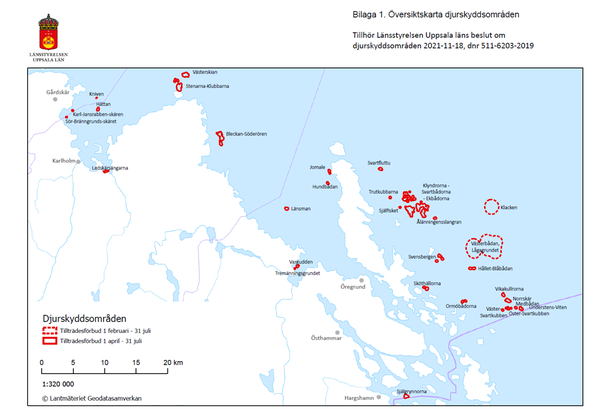 Karta över områden vid Uppsala läns kust med tillträdesförbud februari-juli och april-juli.