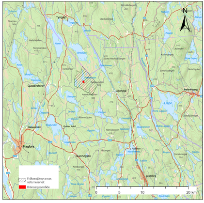 Karta över bränningsområde i Fräkensjömyrarnas naturreservat.
