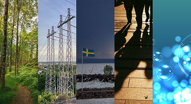 Bildkollage med kraftverksledningar, lövskog, svensk flagga mot mörk himmel, svarta skuggor av människor och såbubblor. Bilderna symboliserar de fem strategiska skeenden som identifierats i Länsstyrelsens omvärldsanalys 2024.