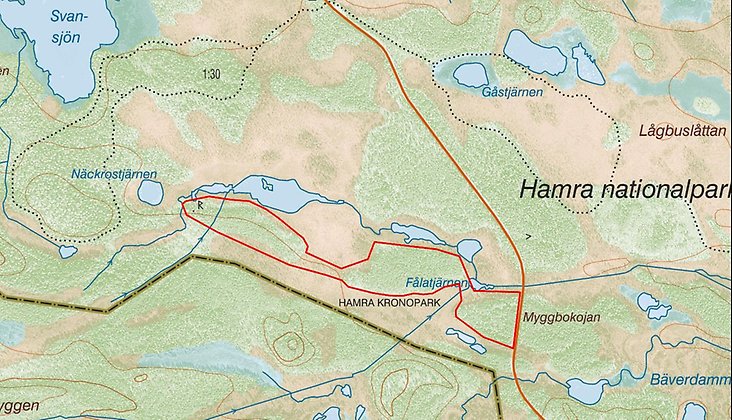 Karta över bränningsområdet i Hamra nationalpark.