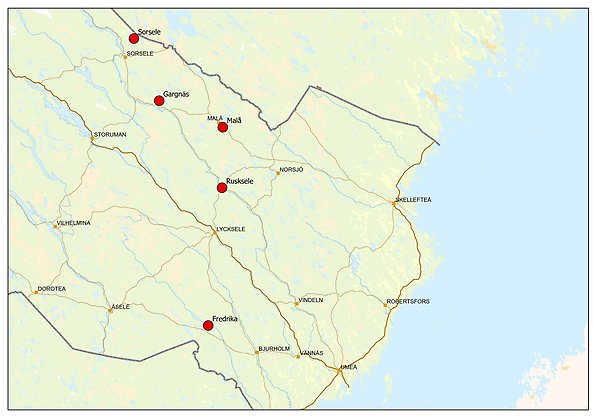 Karta över Västerbotten med utplacerade punkter för var de nya stationerna placerats ut.