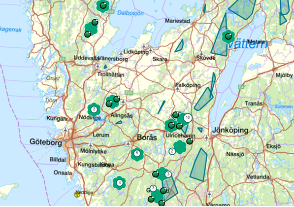 Kartbild som visar var det finns lodjur i Västra Götaland, efter lodjursinventeringen säsongen 2023/2024.